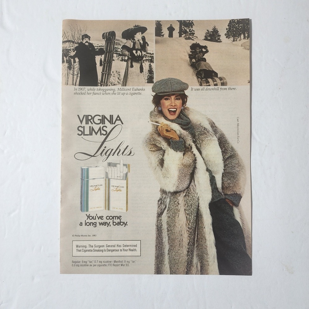 Vintage Print Ad Virginia Slims Lights model fur coat clipping 1983 8x10.5